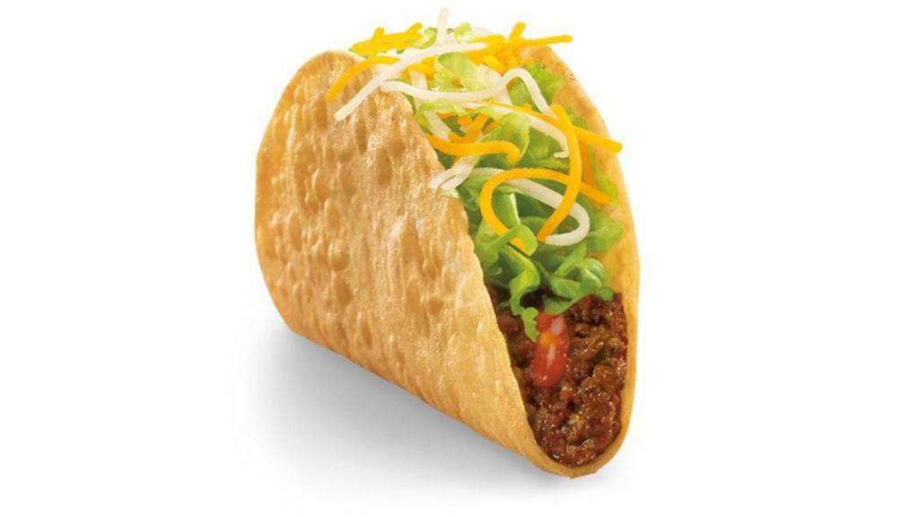 Crunchy Beef Taco · Seasoned ground beef, shredded lettuce, hot sauce and 4-cheese blend, in a crispy corn tortilla taco shell.