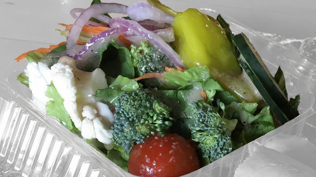 Sacks Garden Salad · Cucumber, broccoli, cauliflower, tomato, red onion, served on bed of lettuce with your choice of side dressing.