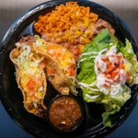 Chicken Taco Plate · 2 TACOS, BEANS, RICE AND SALAD.