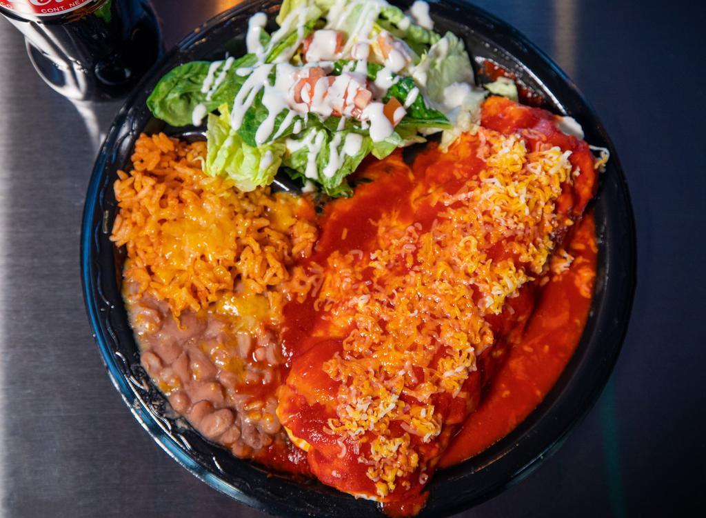 Burrito Plate · ONE MEAT & BEAN BURRITO SMOOTHERED WITH RED OR GREEN, RICE, BEANS AND SALAD.