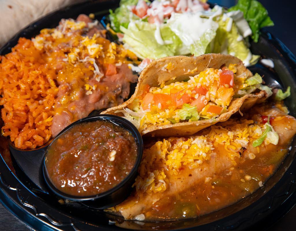 Taco & Enchilada Special · ONE TACO, ONE ENCHILADA, BEANS, RICE, SALAD, TORTILLA. ADD MEAT $2.00