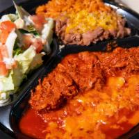 Trabajador Special · CARNE ADOVADA, ONE CHEESE ENCHILADA, BEANS, RICE, SALAD, TORTILLA. ADD MEAT $2.00