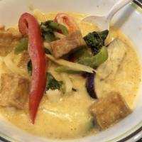 Gang Keow Whan (Green Curry) · Vegetarian. Spice level one. Bell peppers, bamboo shoots, eggplants, zucchini, thai basil an...