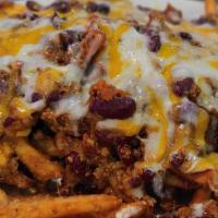 Chili Cheese Fries · Beer battered fries topped with our homemade chili, melted cheddar and jack cheese, served w...