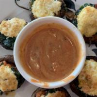 Savory Soft Stuffed Mushroom Bites · Soft savory mushroom shell stuffed with marinara, goats cheese, veggie sausage alternative, ...