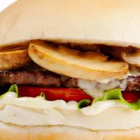 Mushroom Burger · beef patty / swhite american cheese / grilled button mushrooms / tomato / mayo