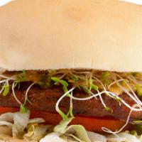 Veggie Burger · grilled veggie burger / american cheese / topped with fresh alfalfa sprouts / lettuce / red ...