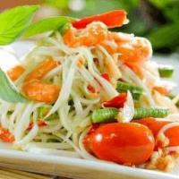 23 Papaya Salad · Add (Shrimp $13) Soft Shell crab $15) This is the famous Thai salad made with fresh papaya, ...