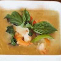 56 Green Curry · Your choice cooked in Thai green curry with sweet basil leaves, eggplants, bamboo shoots and...