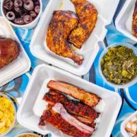 We Are Family With Ribs Or Rib Tips · Comes with eight piece Smoked chicken & Ribs  any flavor, three large sides, four corn muffi...