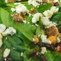 Nutty Bleu-Berry · Romaine or spinach mix, cranberries, homemade candied walnuts, blue cheese crumbles, raspber...