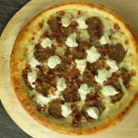 Bacon Baller · White pie with crumbled homemade meatballs, bacon, and ricotta.