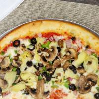 Veg Out · A veggie lover's dream. Mushrooms, red onion, green peppers, black olives, and artichokes.