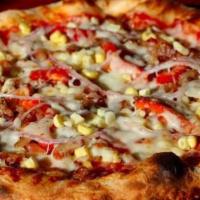Red Barn · Crushed tomato sauce, mozzarella, applewood bacon, fresh shucked corn, red pepper, red onion