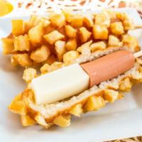 서울 감자 반반 / Seoul Half N Half Potato Hotdog · Half cheese half sausage covered with potatoes.