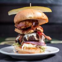 Smoke Show Burger · Tangy BBQ | cheddar cheese | onion rings | bacon | brioche.