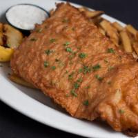 Beer Battered Fish & Chips · Alaskan wild caught cod | house made lemon dill sauce | straight cut fries.
