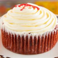 Vegan Spelt Scarlet Red Velvet Chocolate Chip Jumbo Cupcake · Vegan. Red velvet cake with vegan white icing.