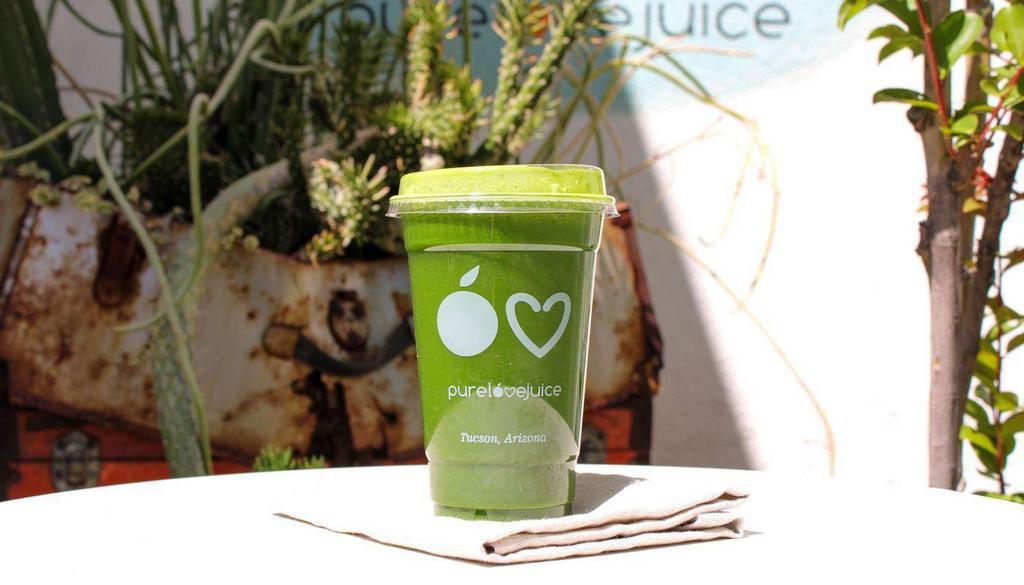 Pure Indigo · Kale, spinach, parsley, pineapple, mint, lemon, cucumber / alkalizing, digestive support, high in chlorophyll. 20oz