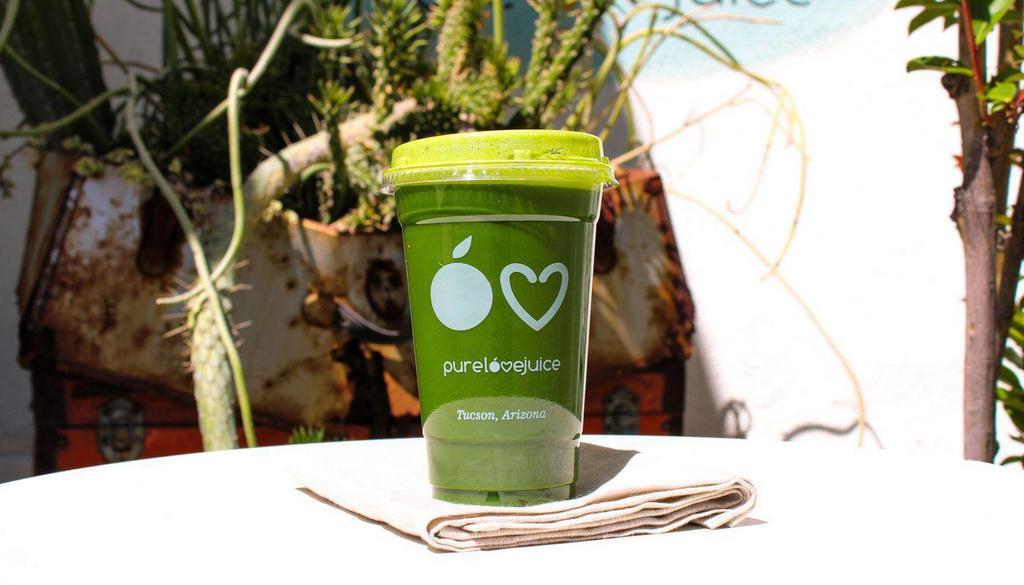 Pure Green · Kale, spinach, parsley, apple, ginger, lemon, celery, cucumber / alkalizing, oxygenating, high in chlorophyll. 20oz