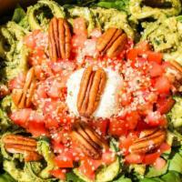 Zoodles (Zucchini Noodles) · Zucchini, spinach, vegan basil pesto sauce, pecans, diced tomato, goat cheese, hemp, served ...