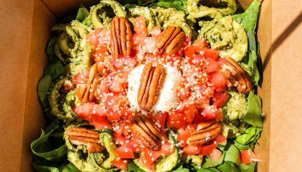Zoodles (Zucchini Noodles) · Zucchini, spinach, vegan basil pesto sauce, pecans, diced tomato, goat cheese, hemp, served with vinaigrette dressing