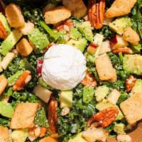 Kale Salad · Kale, spinach, pecans, avocado, apple, goat cheese, croutons, hemp, with vinaigrette dressing