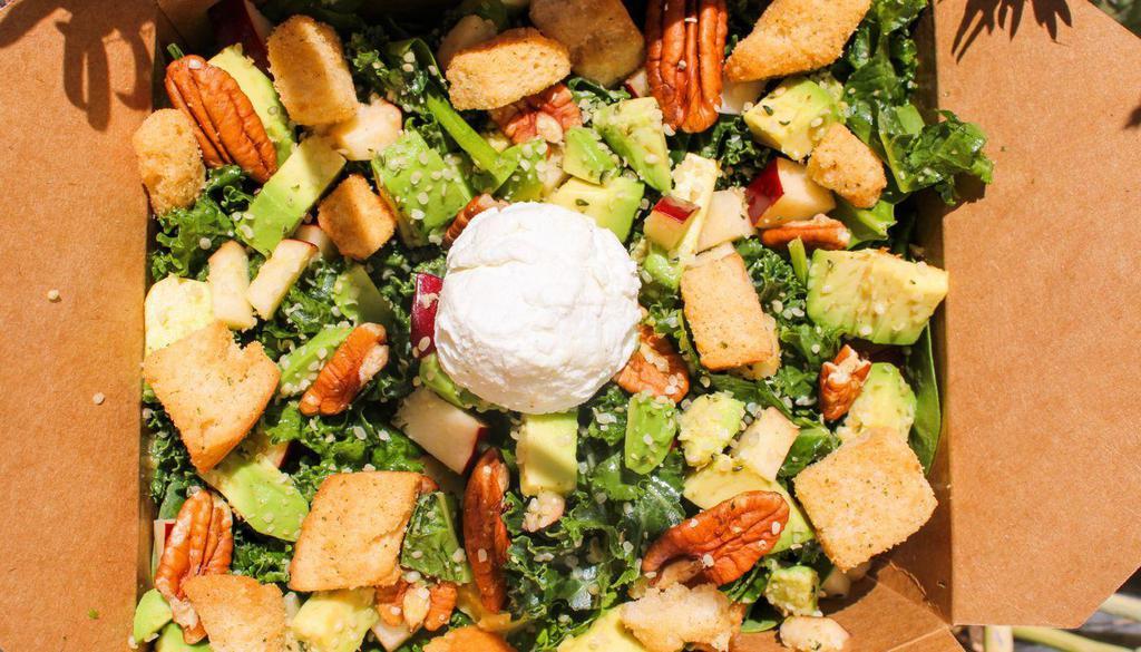 Kale Salad · Kale, spinach, pecans, avocado, apple, goat cheese, croutons, hemp, with vinaigrette dressing