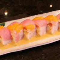 Summer Lovin · Shrimp tempura, spicy tuna, krab mix, cream cheese, yellowtail, mandarin oranges, and orange...