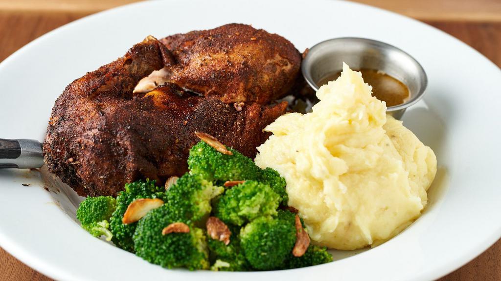 Half Roasted Chicken · Roasted Chicken, Whipped Yukon Gold Mashed Potatoes, Garlic Broccoli, Chicken Jus.