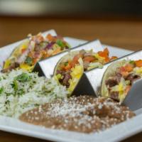 Baja Tacos Chicken · Cilantro Lime Rice, Refried Beans