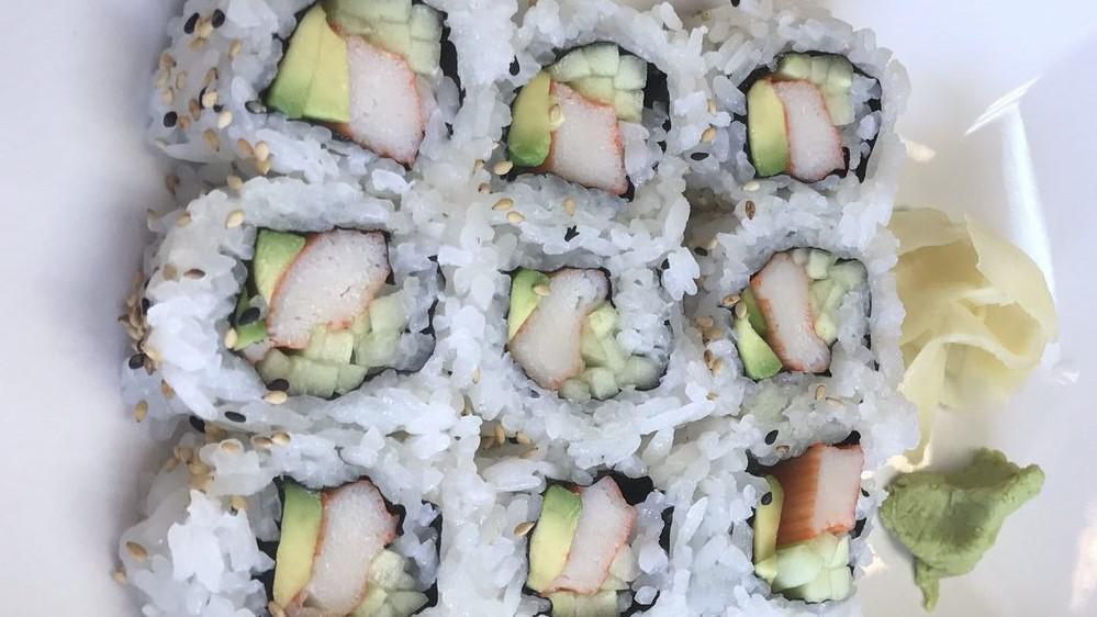 California Roll · A roll that is rolled inside-out with avocado crab and cucumber. (9pieces)