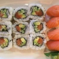 Combo B · 9 pieces of fresh salmon roll with fresh salmon avocado and cucumber and 4 pieces of nigiri.