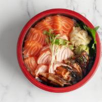 Gokan Bowl · 6pcs Salmon, 6pcs Seared Salmon, 2pcs Unagi sashimi over sushi rice