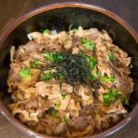 Sukiyaki Beef Bowl · Japanese style pan fried beef over rice.