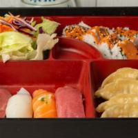 Sushi Bento · 4 pc Nigiri, 5 pc Spicy Tuna Roll, 4 pc Gyoza, and salad