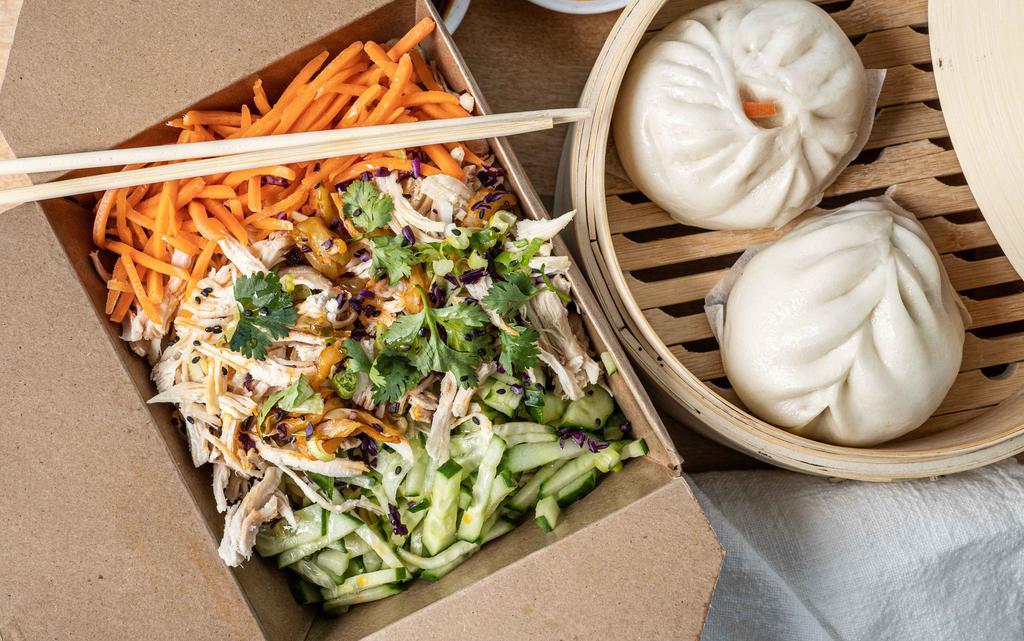 Cold Noodles & Bao (2) · Cold noodles with your choice of shredded chicken or pan seared tofu and any two handmade steamed bao.