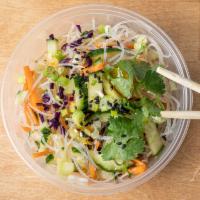 Cucumber Salad · A refreshing mix of sliced cucumber with carrots and rice noodles tossed in black vinegar, g...