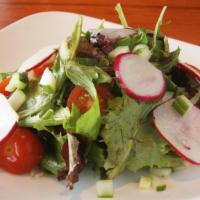Mixed Green Salad · Artisan mixed greens, tomatoes, radish, cucumber, balsamic vinaigrette. Gluten free.