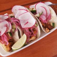 3 Blackened Cod Tacos & Chips · Flour Tortillas, Spicy cod, pickled onions, cucumber, radish, lime, salsa roja, tortilla chips