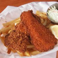 Alaska Halibut Fish 'N Chips (2-Piece) · Alaska halibut, panko-crusted, tartar, ketchup, lemon.