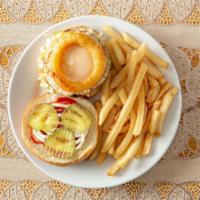 Beef Burger With Egg & Onion Ring · Hamburgers are cooked to order. Consuming raw or undercooked beef may increase your risk of ...