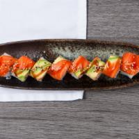Salmon Fiesta · Spicy. Spicy salmon, cucumber, topped with salmon and avocado.