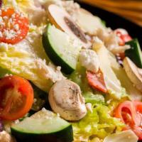 Mediterranean Salad · Grilled chicken, romaine lettuce, Kalamata olives, cucumbers, red onions, artichoke hearts, ...