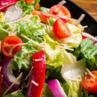 House Salad (Vegetarian) · Romaine, Parmesan cheese, cherry tomatoes, red bell peppers, red onions, served with a choic...
