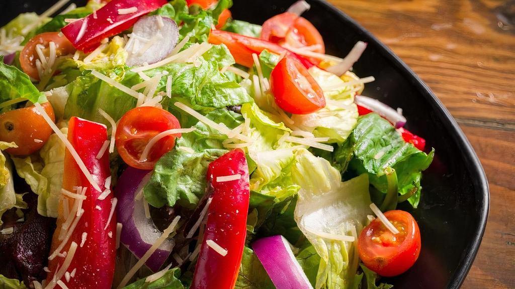 House Salad (Vegetarian) · Romaine, Parmesan cheese, cherry tomatoes, red bell peppers, red onions, served with a choice of dressing on the side