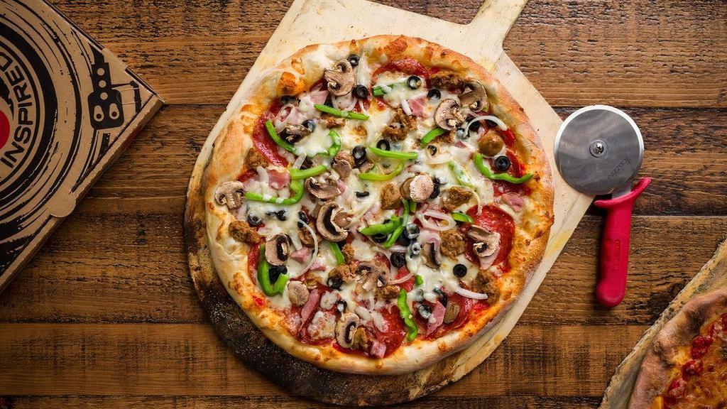 Pride And Joy (Red Sauce) · Pepperoni, sweet Italian sausage, ham, black olives, mushrooms, green bell peppers, extra Mozzarella cheese, Romano cheese, tomato sauce