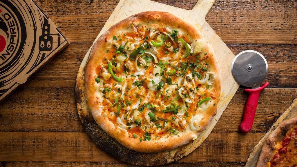 Bang A Gong (Specialty Sauce) · Grilled chicken, green bell peppers, white onions, pineapple, Mozzarella cheese, Romano cheese, cilantro, garlic butter, drizzled with sweet red chili sauce