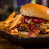 Hurts So Good · All beef patty, bacon, Cheddar cheese, caramelized onions, hot cherry peppers, pickles, BBQ ...