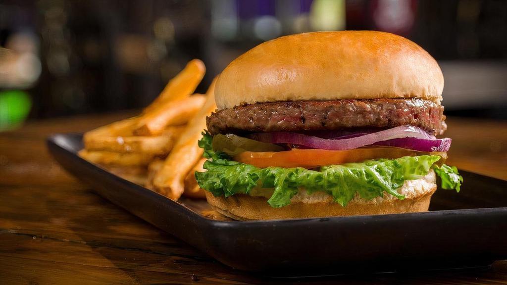 Impossible Burger (Vegetarian) · Plant based Impossible patty, red onion, tomato, lettuce, pickles, The Rock Burger Sauce.   Served with Beer Battered Fries